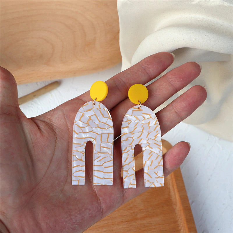 Yellow Wavy Marble Pattern Long Dangle Arch Shape Earrings