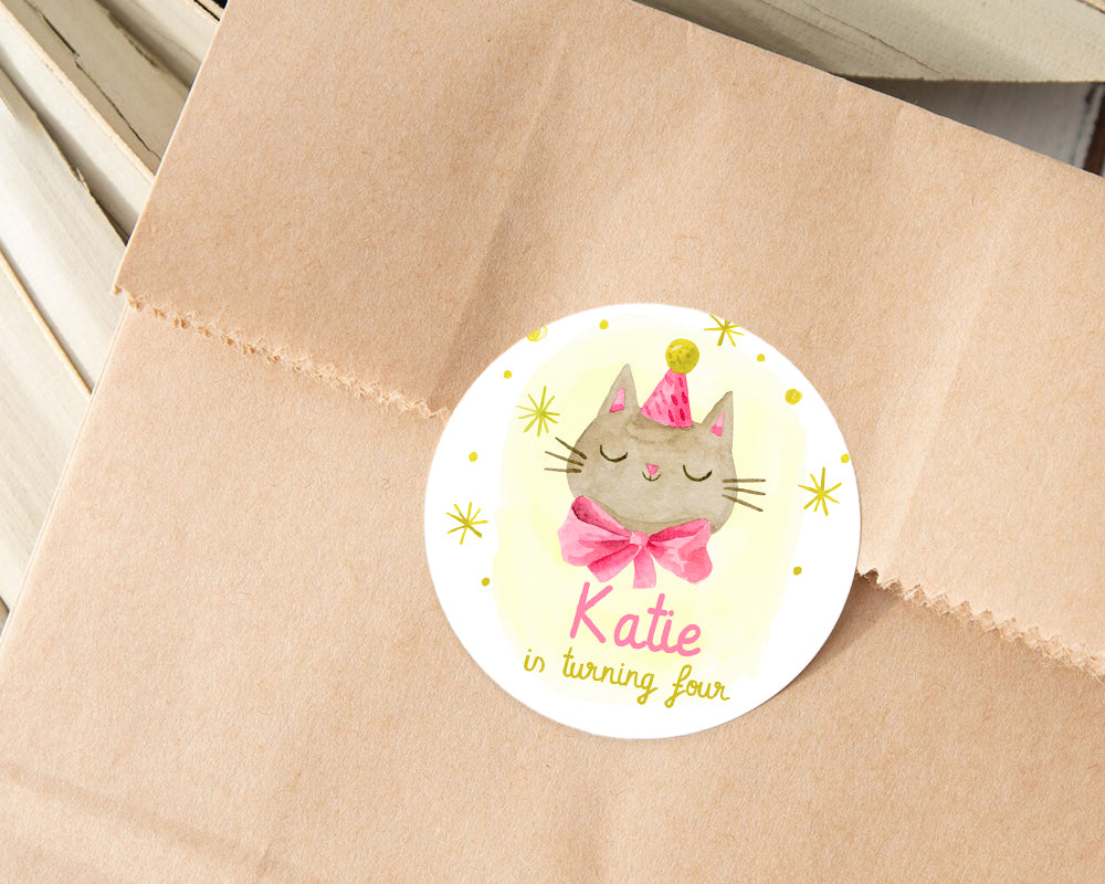 Watercolour Style Cat in Pink Ribbon Kids Birthday Party Stickers