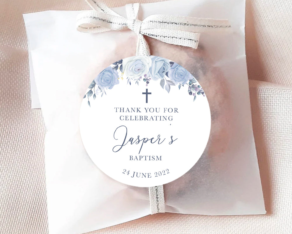 Blue Floral Style Christening Stickers Baptism Stickers Thank You Stickers