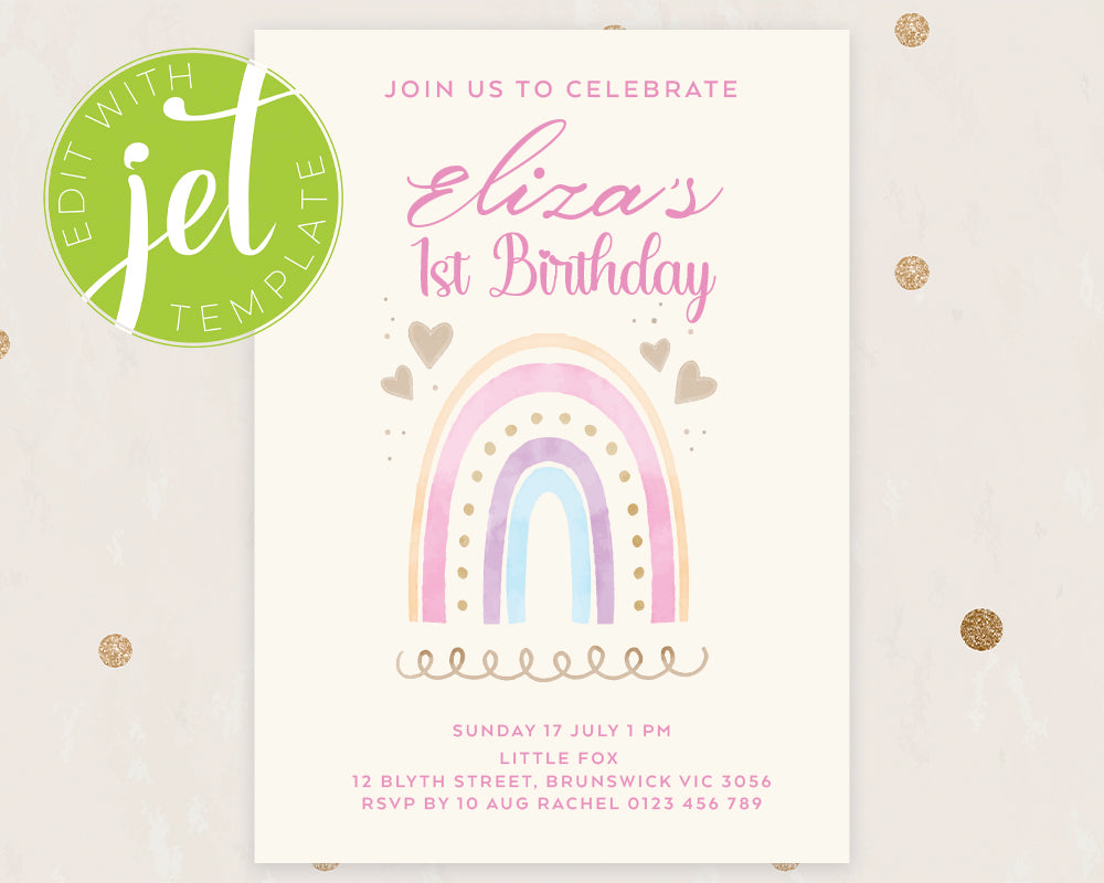 Instant Download Rainbow Birthday Invitation Template, Print It Yourself Pastel Colour Rainbow Birthday, Watercolour Rainbow Party