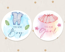 Load image into Gallery viewer, 24pcs 40mm Watercolour Onesie and Dress Style Baby Gender Reveal Team Girl Team Boy Favour Stickers
